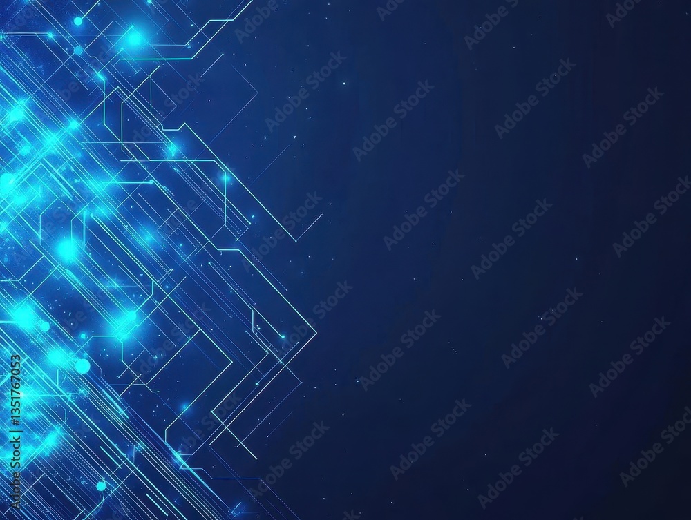 Poster Abstract blue circuitry design featuring intricate geometric patterns and a central circuit element glowing brightly