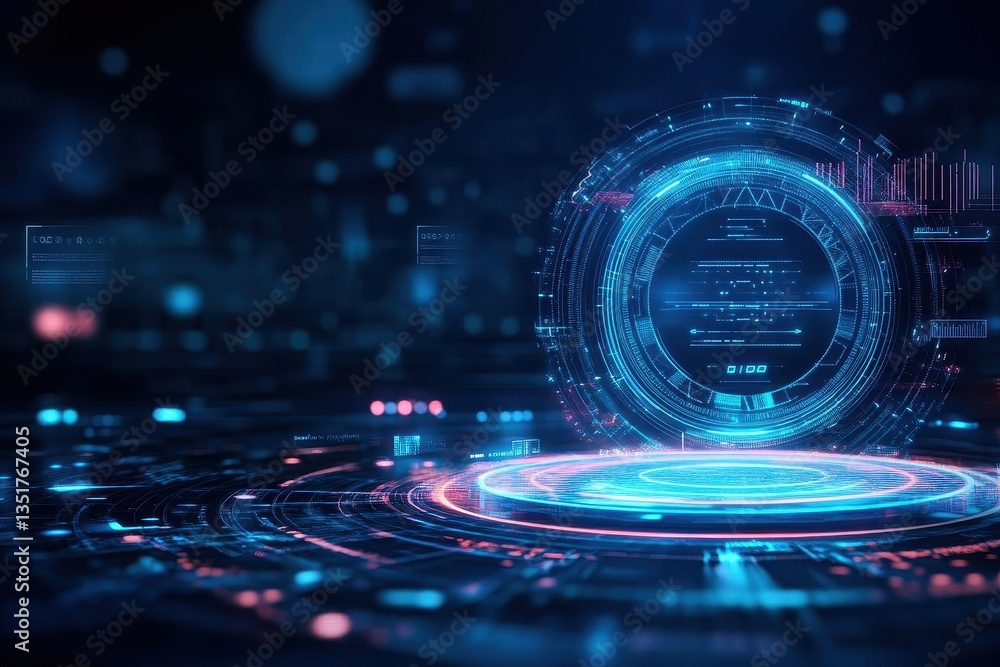 Poster futuristic interface featuring a glowing circle with abstract blue light effects for modern technolo