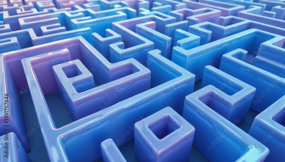 Poster a complex, glowing blue and purple maze rises in 3d, presenting a challenging path to navigate. grap