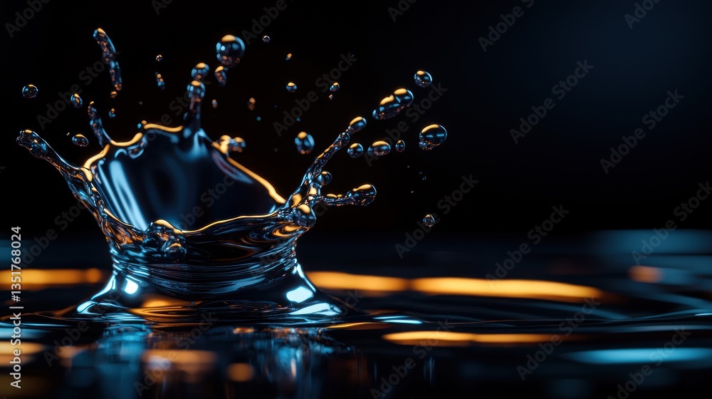 Poster Close-up of a water splash capturing dynamic droplets against a dark background with reflections