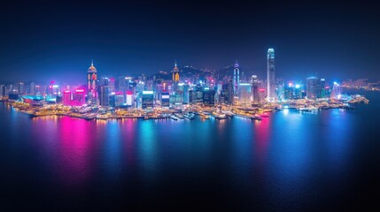 Hong Kong Skyline Night Aerial View: Vibrant Cityscape Illuminated