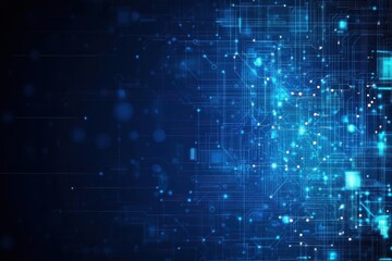 Intricate circuit board design set against a deep blue background highlighting the technology and innovation theme
