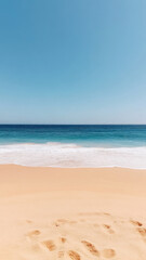 serene tropical beach scene with golden sand and gentle waves lapping at shore under clear blue sky. endless ocean stretches out ahead, inviting relaxation and tranquility