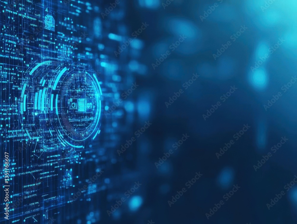 Poster Blue circuit design with lock symbolizing security and protection in modern technology and digital systems
