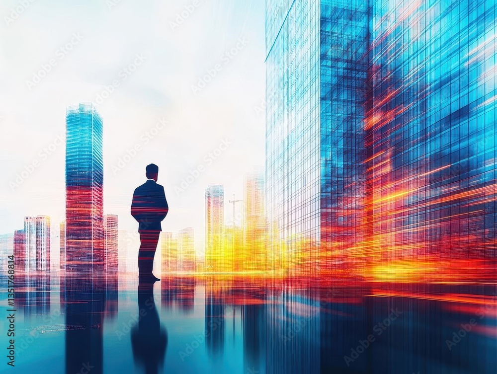 Poster man silhouetted against a vibrant abstract blurred cityscape background creating a sense of urban li