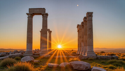 Sunrise over ancient stone pillars casting symmetrical shadows, equinox symbolism
