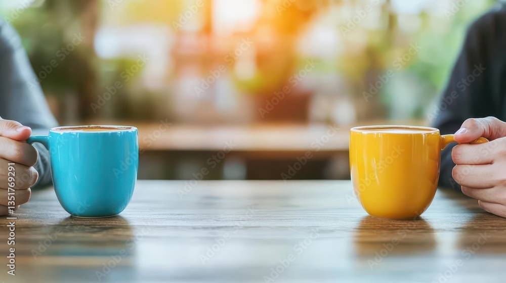 Poster Two individuals sharing a moment over coffee with abstract blurred background creating a sense of connection