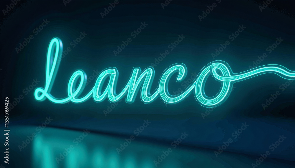Poster a glowing turquoise neon sign displays the word leanco in a flowing, cursive script against a dark b