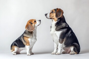 Two beagles sitting, studio shot, facing each other, white background, pet portrait