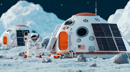 Lunar base with astronaut exploring near habitat domes, rocky surface under dark sky with stars