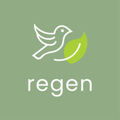 Minimalist Eco Logo with Bird and Leaf – ReGen Nature Symbol Design on Green Background