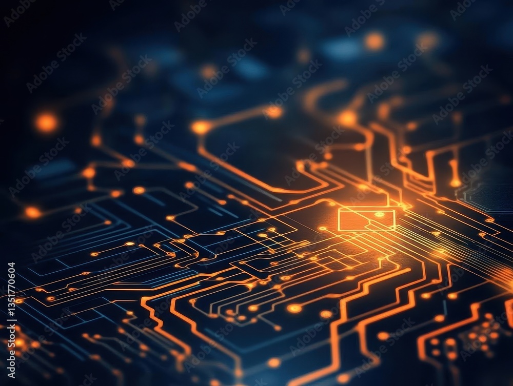 Aufkleber Circuit board with glowing orange light illuminating the intricate pathways and structures of modern electronics design