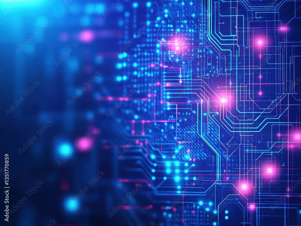 Poster abstract circuit board design set against a striking blue background emphasizing modern technology a