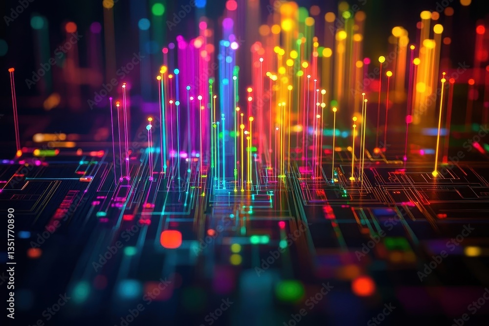 Poster Colorful lights illuminating a circuit board design creating a visually stunning representation of modern technological art