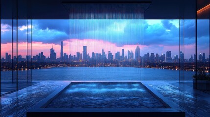 Modern penthouse jacuzzi with city view and rain, sunset