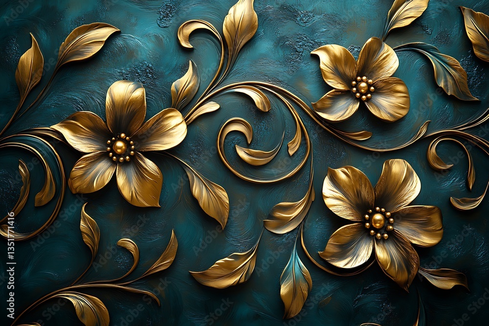 Poster turquoise canvas enhanced by delicate golden swirls creating a luxurious effect.