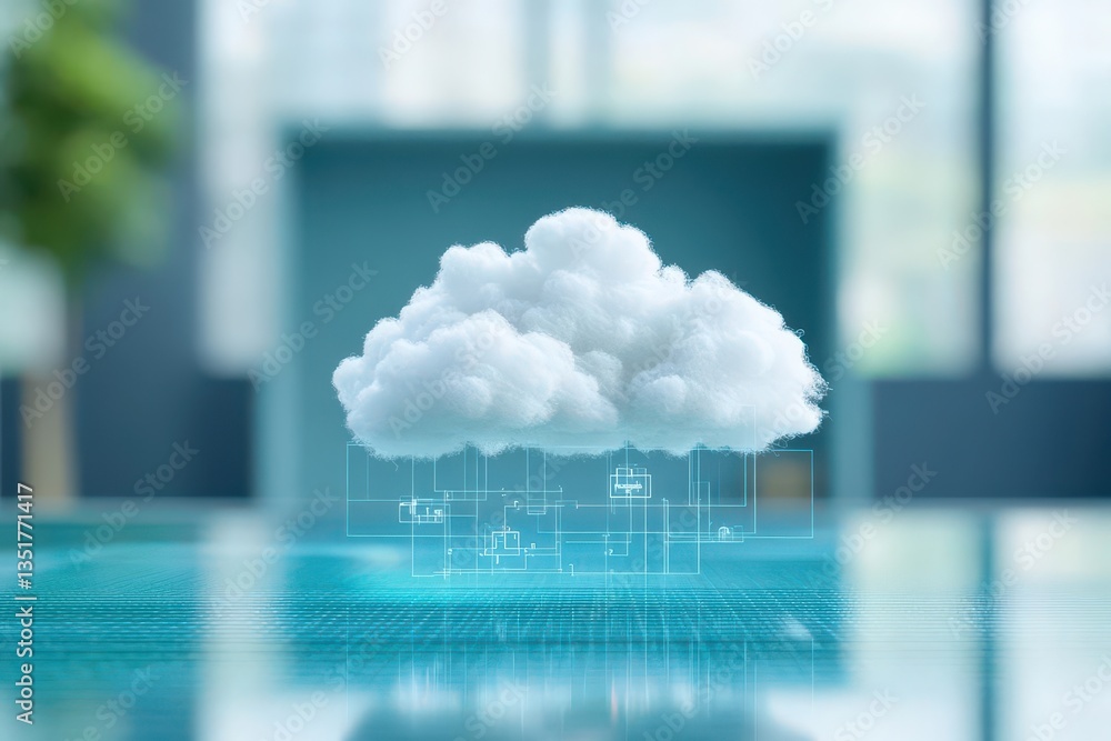 Poster Creative cloud with blueprinted house image symbolizing architecture and home design in abstract form