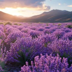 Obraz premium Tranquil lavender field bathed in golden sunset light with soft purple blooms image