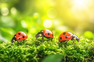 Fototapeta premium Three ladybugs walk on moss, sunny forest background, nature photography, spring
