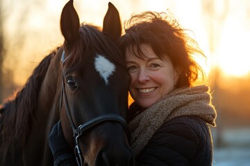 Obraz premium Woman hugs horse sunset winter farm