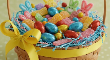 Colorful Easter basket filled with candy and treats 