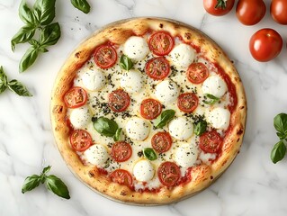 A cheesy Margherita pizza on a marble countertop, shot from above with elegant plating, fresh tomatoes and mozzarella balls arranged artistically, and golden hour lighting casting soft shadows