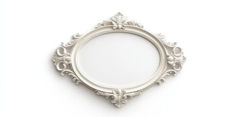 A decorative, ornate white frame with an empty oval space, perfect for displaying photos or art.