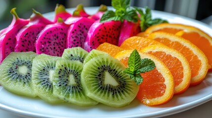 Colorful sliced dragon fruit, kiwi, and orange fruit platter on a white plate indoors