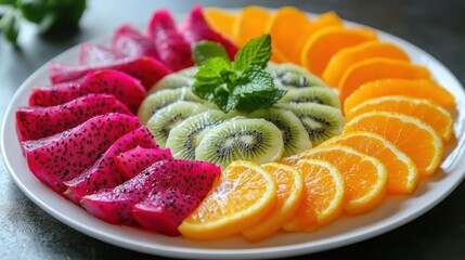 Colorful fruit platter arrangement on white plate, dark background, fresh fruit display