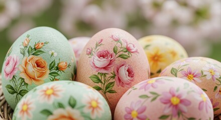 Fototapeta premium Colorful Easter eggs decorated with floral patterns in a basket 