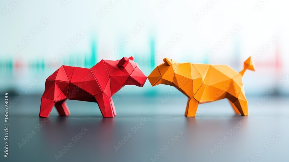 Aufkleber two origami paper animals representing crypto market dynamics with bull and bear in artistic present