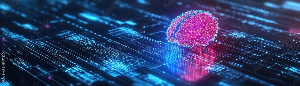 Poster Brain on a circuit board illustrating the intersection of technology and human intelligence in a modern abstract design