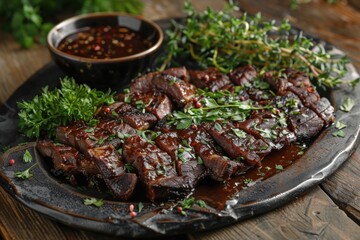 Sliced grilled beef, savory sauce, herbs, wooden table, delicious dinner