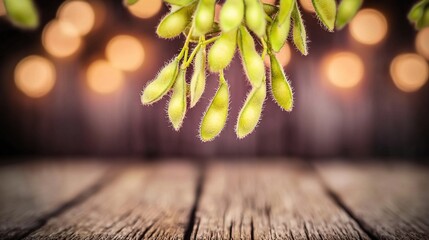 Fresh soybean pods hang over rustic wooden surface, blurred lights background