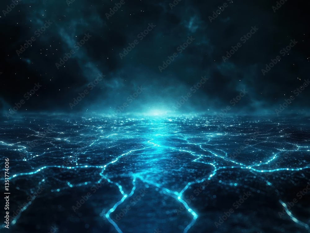 Poster Dark blue and black space with bright light from center creating an enigmatic atmosphere in abstract digital art