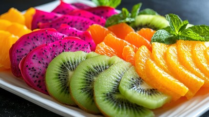 Colorful fruit platter, sliced dragon fruit, kiwi, and orange, on white plate, dark background