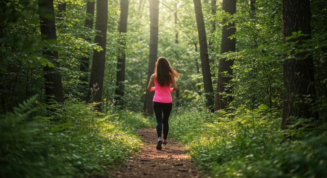 Young woman jogging along a forest trl in summer 
