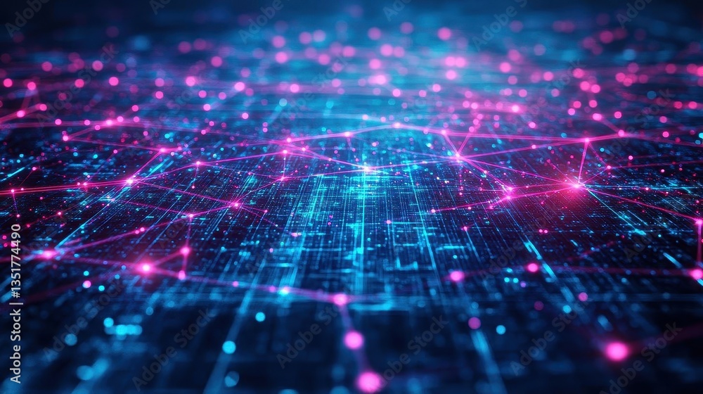 Poster abstract digital background showcasing a network of pink and blue lights for a futuristic design con