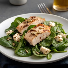 Grilled chicken spinach salad feta seeds kitchen table
