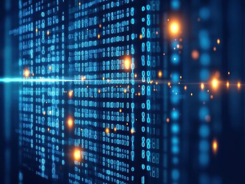 Abstract digital background depicting a continuous stream of binary code in a modern technological style