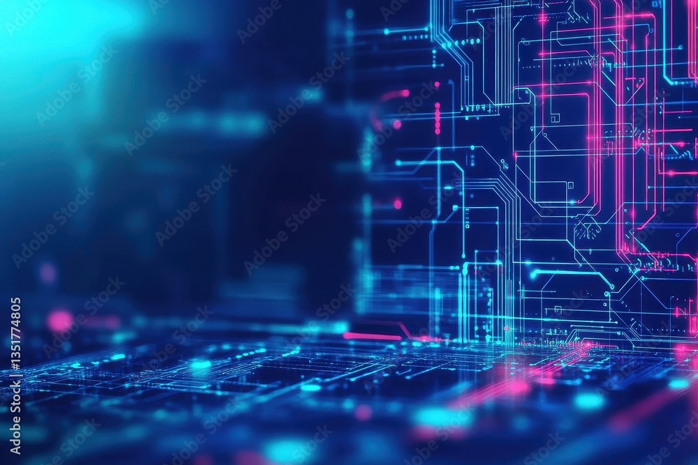 Poster Computer circuit design set against a blue and pink abstract background for modern technology and innovation themes