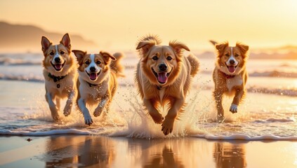 Happy Dogs Sprinting on Sandy Beach with Splashes of Water