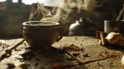 A steaming cup of Indian masala chai served in an earthen kulhad, with swirling steam and scattered spices like cardamom, ginger, and cinnamon in the background.