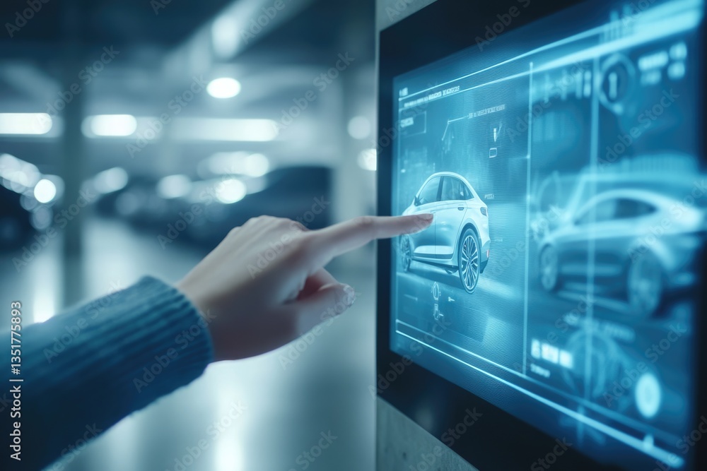 Poster a hand interacts with a digital interface displaying car data and design, showcasing futuristic auto