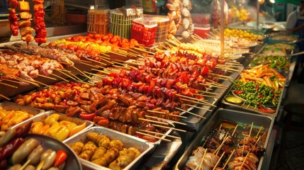 A vibrant street food market in Bangkok, full of sizzling woks, colorful spices, and delicious dishes like Pad Thai, Som Tum, and grilled skewers. The night market is bustling with people.