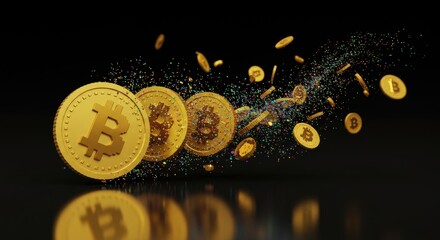 Bitcoin coins floating and scattering in digital space 