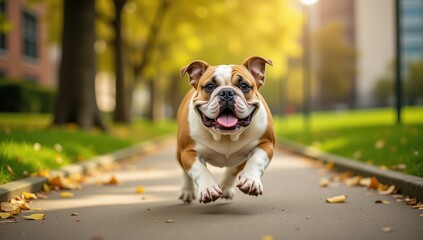 Playful Bulldog Sprinting Joyfully Through Sunlit Urban Park
