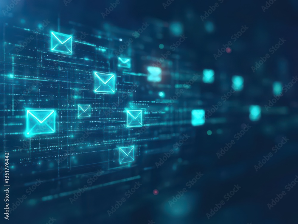 Poster bright blue email icon set against a dark background representing digital communication and modern t