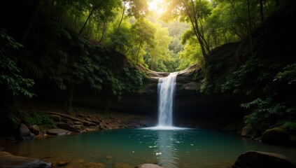 Obraz premium Serene Secluded Waterfall Flowing into Natural Tropical Pool