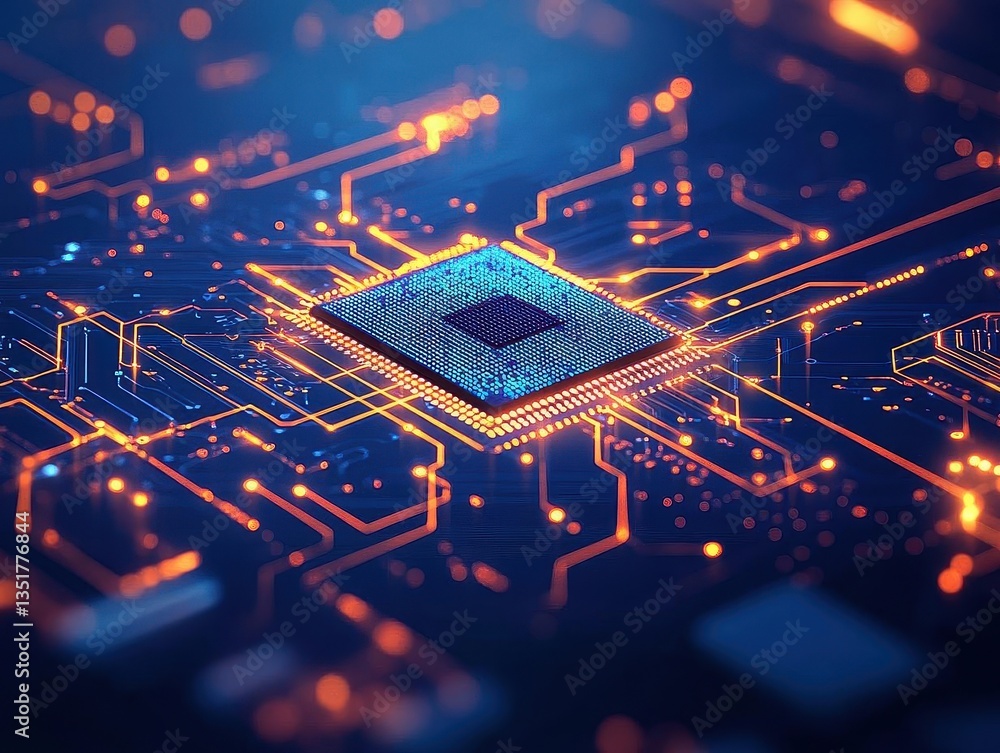 Poster a circuit board featuring an intricate circuit in the center set against a striking abstract digital